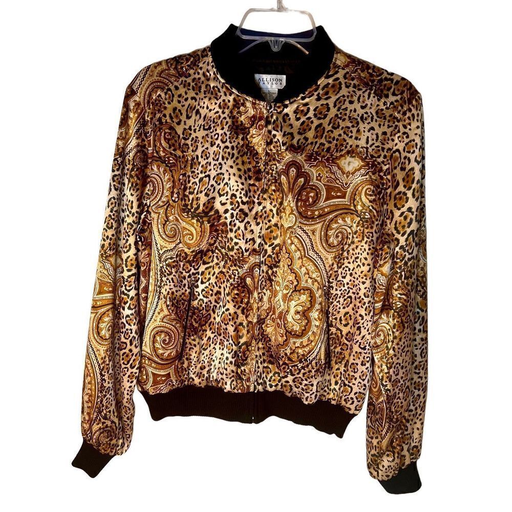 Vintage Allison Taylor 100% Silk Cheetah Print Bomber Jacket Women's Size Large